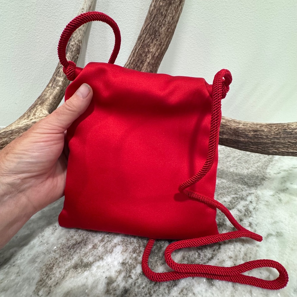 Susan Gail Vintage Red Satin Evening Crossbody Bag Rhinestone Orb Charm NWT - Picture 7 of 10